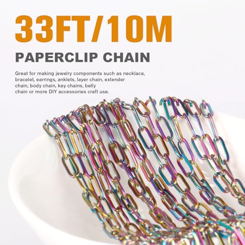 [33 Ft] Stainless Steel Paperclip Chains Roll, 2.5mm Width Rainbow Plated Stainless Steel Oval Link Chains Spool Bulk for Jewelry Making - color: colorful(2.5mm)