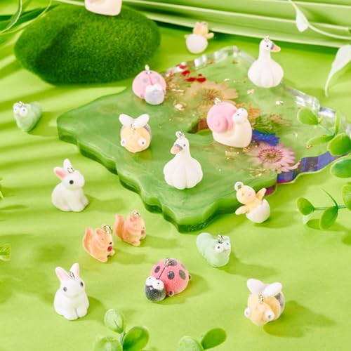 Beadthoven 16Pcs Resin Animal Charms Fuzzy Cute Rabbit Ladybug Bee Worm Duck Mini Pendants Animal Figures Miniature Ornament Cute Charms for Jewelry Making DIY Bracelet Necklace Earrings Keychain - color: Fuzzy-8 Styles