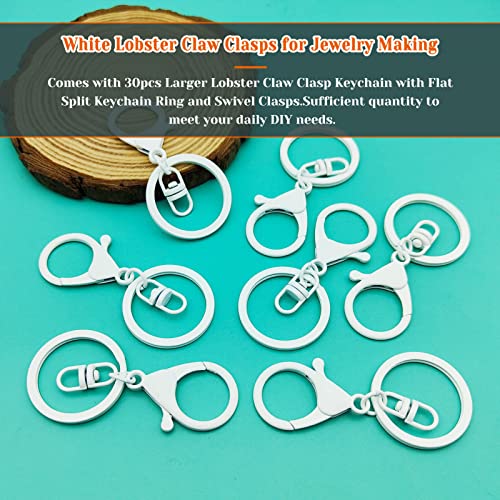 30Pcs Lobster Claw Clasps Keychain for Jewelry Making,Metal Lobster Clasp Swivel Trigger Clips with Swivel Clasps Hook Clips Flat Split Keychain Ring for DIY Craft Jewelry Making(White) - color: White