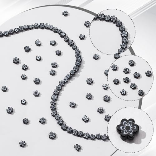 AHANDMAKER 112 Pcs Millefiori Lampwork Glass Loose Assorted Bead Flat Flower, Black Flower Beads, Daisy Floral Loose Glass Spacer Beads for DIY Necklace Bracelet Earring Jewelry Making