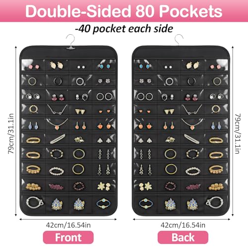 1 Pack Hanging Jewelry Organizer, 80 Clear Pockets earring organizer and storage, Accessories holder organizer for Closet, Jewelries, Necklace, Travel - color: Black