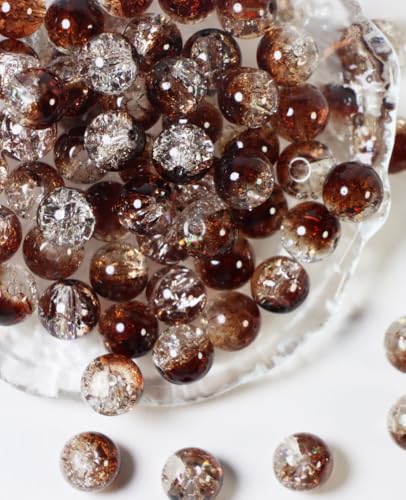 100Pcs 10mm Crackle Glass Beads for Jewelry Making - Round Spacer Crystal Beads Bulk, DIY Craft Supplies for Necklace Bracelet Earrings (Brown Transparent) - color: Brown Transparent