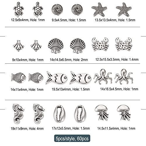 Fashewelry 60pcs Ocean Animal Tibetan Loose Spacer Beads Turtle Shell Fish Antique Silver Sea Life Creatures Alloy Western Beads for Necklace Bracelet Earring Craft Jewelry Making Supplies - color: Antique Silver, 12 Styles