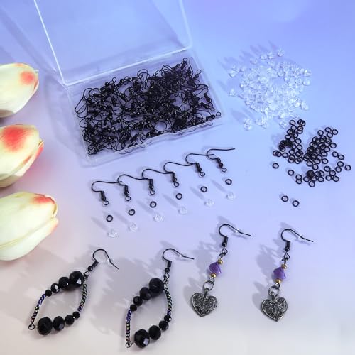TOAOB 300pcs Earring Hooks Kits Black French Ear Wires with Ball and Coil 18mm Fish Hook Earring Making Supplies with Jump Rings and Clear Silicone Ear Backs for DIY Jewelry Findings - color: Black