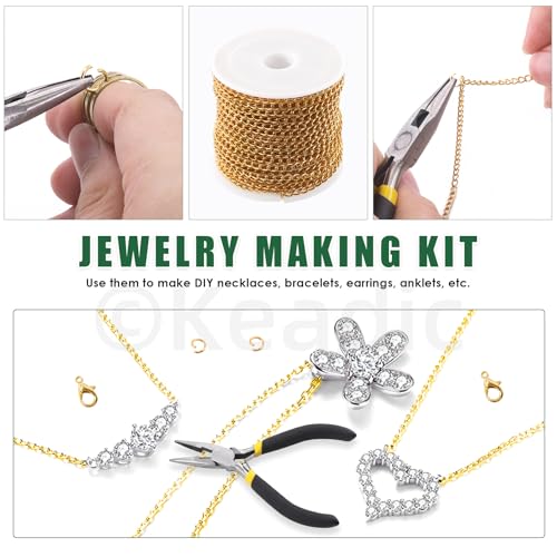 Keadic 102Pcs 30 Feet Jewelry Making Chains Kit W 3mm Metal Necklace Twisted Links Chain, Lobster Clasps, Open Jump Rings and Jewelry Pliers for Bracelet Earring Anklet DIY (Gold) - color: Gold