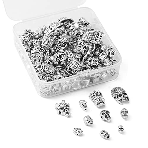 DanLingJewelry 150pcs 10 Styles Tibetan Style Skull Antique Silver Skeleton Head & Devil Head Beads for Halloween Jewelry Making - color: 150pcs - skull - 10 styles