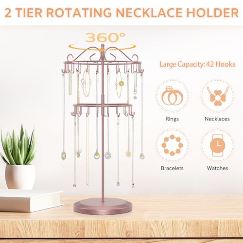 iDavosic.ly 2 Tier Rotating Necklace Holder Organizer with 42 Hooks, Adjustable Metal Bracelet Display Stand Rack, Extra Tall Keychain Spinning Tree Tower for Women, Rose Gold - color: Rose Gold