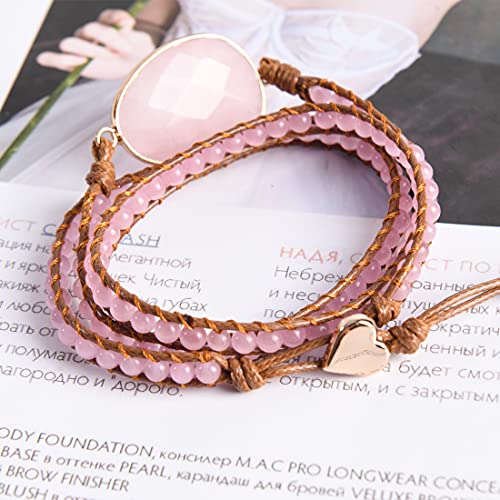 YGLINE Women Boho Handmade Natural Stone Crystal Leather Bead Wrap Bracelets Collection - color: Rose Quartz-3w