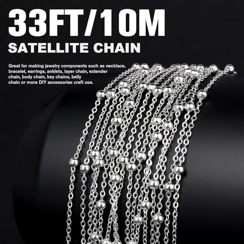 33 Feet Silver Satellite Cable Chains Roll, 2MM Silver Plated Brass Ball Beaded Cable Link Chains Spool Bulk for Jewelry Making DIY Craft - color: 4.0mm beads silver satellite cable chain