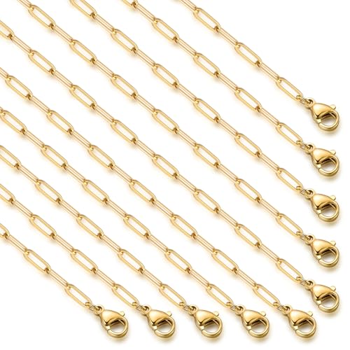 10PCS Gold Paperclip Chains Necklace Bulk 2.5MM 16 Inches 18K Gold PVD Plated Stainless Steel Finished Paperclip Link Chain Bulk forJewelry Making - color: gold, size: 2.5MM * 16 Inches