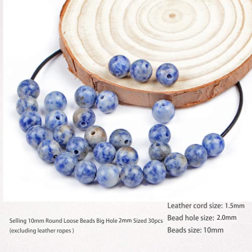 AD Beads Natural semi Precious Gemstone 10mm Round Loose Beads Big Hole 2mm Sized 30pcs (Blue Spot Jasper) - color: Blue Spot Jasper