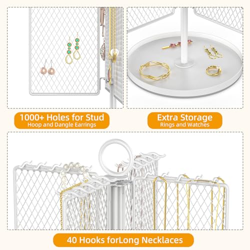 Rotating Necklace Holder with 40 Hooks, Earring Stand Mesh Grid Storage, 15-Inch Jewelry Display with Tray for Long Necklaces & 50+ Earrings for Women, White