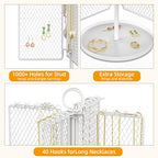 Rotating Necklace Holder with 40 Hooks, Earring Stand Mesh Grid Storage, 15-Inch Jewelry Display with Tray for Long Necklaces & 50+ Earrings for Women, White