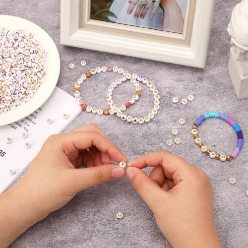 DECYOOL Letter Beads, 1900Pcs 4×7mm White Gold Acrylic Alphabet Beads with 1 Roll Elastic String for Bracelet Necklace Jewelry Making Supplies - color: White