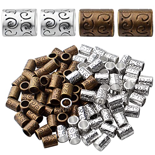 BronaGrand Large Hole Spacer Beads, 100pcs Column Alloy Tube Loose Beads, Silver/Bronze, Cylindrical, 10mm x 8mm, 5.6mm Hole, DIY Jewelry Craft Making - color: Silver/Bronze