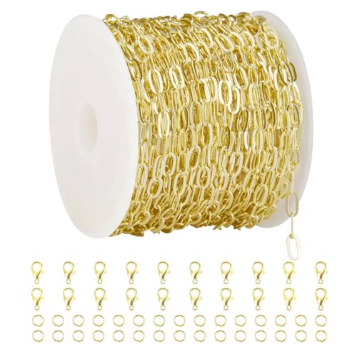 Crisjanggo 32.8 Feet 14K Gold Plated Brass Chains for Jewelry Making Long Craft Link Chain Roll Paperclip Necklace Chains Bulk with Jump Rings Lobster Clasps Extender Chain - color: Paperclip