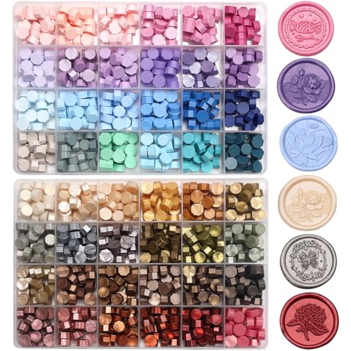 48 Colors Octagon Sealing Wax Beads Pellets for Wax Seal Stamp, Wax Seal Kit Decor for Envelope Wedding Invitation and Sealing Letter-1200pcs Metallic Assorted Color Wax Seal Beads (Kit 9) - color: 48 Lattices of Wax Seal Beads Kit 9