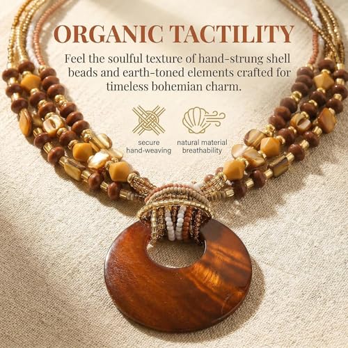 Coiris Shell Pendant Statement Strand Necklace for Women Boho Multi Beads Natural Stone Colorful Necklace Bohemian Handmade Chunky Shell Beaded Collar Jewelry for Women - color: Brown