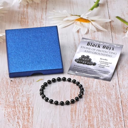 QOGIR 14k gold Handmade Healing Bracelet, Natural Gem Stone Crystal Elastic Gold Bracelet - color: Black Onyx Silver - Protecting and Grounding, size: 6m