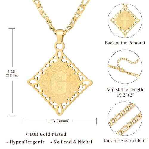 LETFLY Initial Necklaces for Women Men, 18K Gold Plated Letter Cross Pendant Necklace Alphabets A-Z Figaro Chain Jewelry Gifts - color: Rhombic, style: Letter G