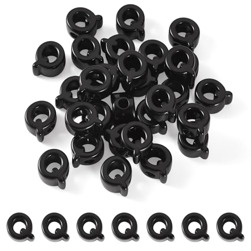 FASHEWELRY 30Pcs Acrylic Letter Q Beads with Large Hole Big Plastic Letter Blocks European Beads 3D Letters Chunky Vowel Initial Alphabet Bead for Key Chains Necklace DIY Arts Craft Projects - color: Black, size: Q