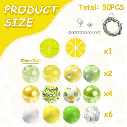 DanLingJewelry 50Pcs 20mm Lemon Round Bubblegum Beads Yellow Green Spacer Beads Acrylic Lemon Beads for Summer Jewelry Making - color: 50pcs - lemon