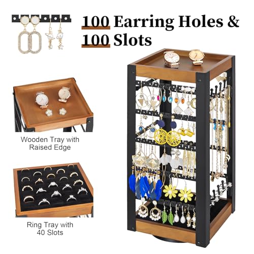 keomaisyto Rotating Earring Holder, Jewelry Holder Organizer with Ring Tray/Necklace/Bracelet Hooks, 360°Earring Organizer with Stable Bamboo Base for Jewelry Display (Patent Pending) - color: Black