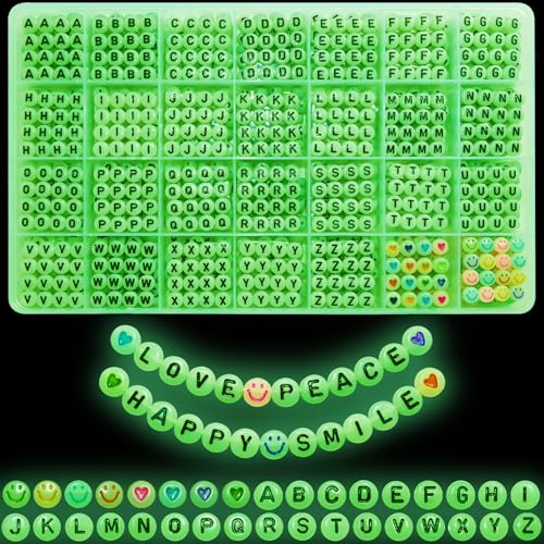 Looconi 1400pcs Letter Beads Glow in The Dark 7x4mm Black Alphabet A-Z and Smiley Heart Beads for Jewelry Bracelet Making - color: Glow-White
