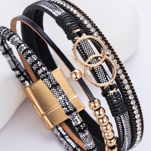 FANCY SHINY Mothers Day Gifts Boho Leather Wrap Bracelet Stackable Infinity Chunky Cuff Bracelets Western Hippie Outfits Jewelry Valentine Gifts for Women - color: Shiny Black