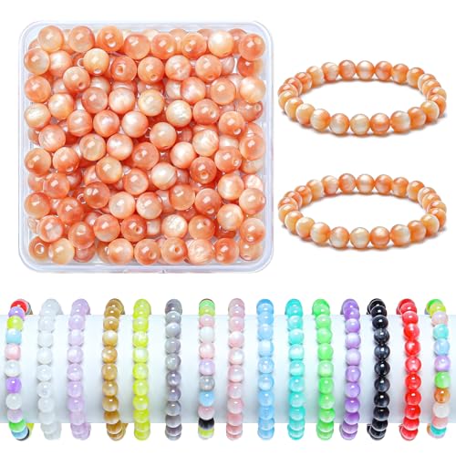 200pcs Glass Beads for Bracelets, 8mm Crystal Glass Round Beads for Jewelry Making, DIY Crafts, Single Box (Orange) - color: Orange