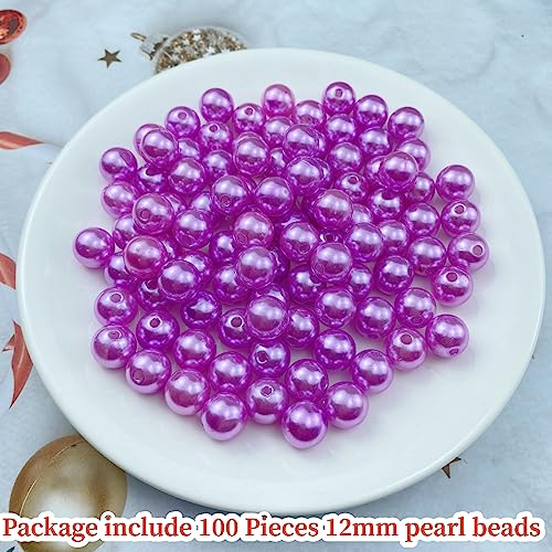 Pinhoollgo 100pcs Pearl Beads 12mm Round Pearl Beads with Hole for DIY Bracelet Necklace Jewelry Making Supplies Handmade Craft(Purple) - color: Purple, size: 12mm/100pcs