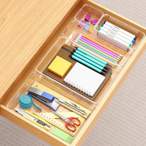 Manalete Drawer Organizers Set of 65, 4 Sizes Clear Plastic Drawer Organizers and Storage Bins for Kitchen, Bathroom, Office, Dresser Desk Drawer Organizer Tray for Jewelry, Makeup, Junk, Gadgets - size: 65pack(0-0-5-10-22-28)