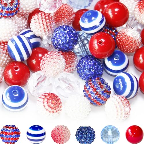 Exway 48 Pcs 20mm Beads for Pens, Rhinestone Bubblegum Beads, Red Blue Crystal Acrylic, Round Chunky, Sparkly Large Balls, DIY Jewelry Making Supplies - color: Blue