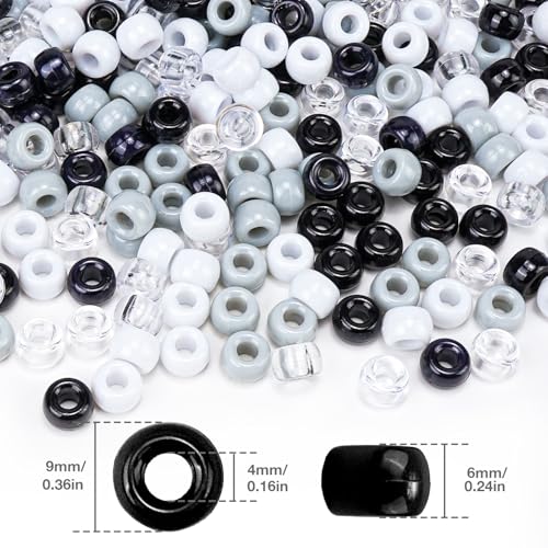 1000PCS 6x9mm Pony Beads Bulk – Black, Gray, White Kandi Beads for Bracelets, Hair Braids, Jewelry Making, Crafts – Large Hole Plastic Bead for DIY Kits - color: Neutral