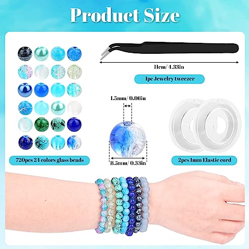 PAXCOO 720pcs Glass Beads for Jewelry Making 8mm, 24 Colors Bead Bracelet Making Kit Blue Round Loose Beads for Bracelet Earring Necklace Jewelry Making Supplies - color: Blue