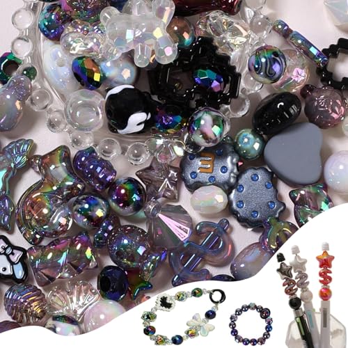 45-60PCS Large Acrylic Black Glitter Assorted Beads for Bracelet Making UV Plating Focal Beads for Pens Round Flower Bow Bear Heart Butterfly Cute Bead for DIY Jewelry Necklace Keychain Phone Charm - color: Black