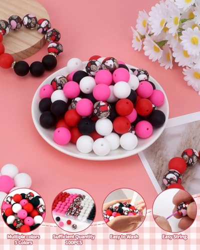 100 Pcs 15mm Silicone Beads for Keychain Making, Pink Red Silicone Beads Bulk Round for Bracelets Pens Crafts Jewelry Making (Pink Red) - color: Pink Red