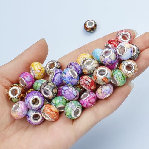 PIPITREE 200PCS Acrylic Beads 9 * 14mm Focal Beads for Pens Acrylic Flat Bulk Bead Ceramic Style Mixed Color 6mm Large Hole Bead for Keychains Beadable Pens DIY Crafts Jewelry Making & Gift Giving - color: Ceramic Style