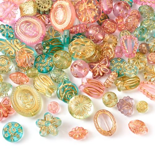Beadthoven 48Pcs Assorted Bohemia Acrylic Beads for Jewelry Making, Metal Enlaced Transparent Aesthetic Beads Heart Butterfly Flower Round Oval Czech Beads Bulk for Bracelet Earring Necklace DIY Craft - color: Colorful Multicolor
