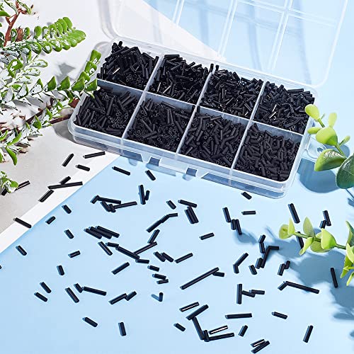 arricraft 4 Sizes Glass Bugle Beads, 1980 Pcs Opaque Frosted Black Charms, Small Craft Beads with Hole Long Tube Seeds for DIY Bracelet Necklaces Crafting Jewelry Making