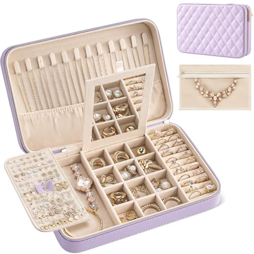 Lolalet Travel Jewelry Case for Women Girls, Travel Jewelry Organizer Box with Mirror & Clear Storage Bag, Small Portable Earring Necklace Bracelet Ring Case, Birthday Valentine Gifts -Large, Purple - color: Purple, size: Large (10"W*6.69"D*2.17"H)