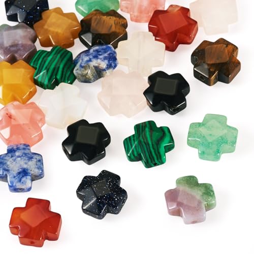 24 Pcs Cross Beads for Jewelry Making Small Cross Gemstone Beads Crystal Crucifix Bead Charms for Easter Holiday Eid Mubarak Ramadan Christmas Necklace Jewelry Making 12-12.5mm - color: 12 Colors-Mix Stones