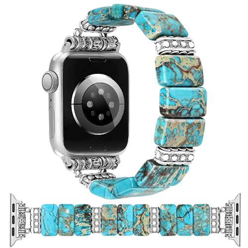 Newlibery Beaded Natural Stone Bracelet Band Women Compatible with Apple Watch 38/40/41/42mm(S10/11) Boho Elastic Western Vintage Imperial Stone Strap for iWatch Series 11/10/9/8/7/6/5/4/3/2/1/SE - color: A2 Turquoise Blue, size: 38/40/41/42mm(S10/11)-M (