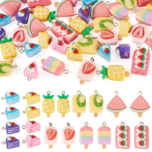 Cheriswelry Cup Cake Resin Pendants Lovely Food Sweet Dessert Dangle Charms Links Hanging Ornament with Metal Loop Fruit Pendants for Key Chains Bracelet Necklace Jewelry Making - color: Ice Lolly & Cake Roll-Mixed Color