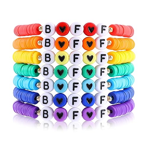 Rainbow Heishi Surfer Bracelets Set for Women Stackable Clay Beaded Bracelets Disc Stretch Preppy Bracelets Layering Colorful Friendship Bracelets Team Cheer Bulk Boho Summer Beach Jewelry Gift - style: BFF