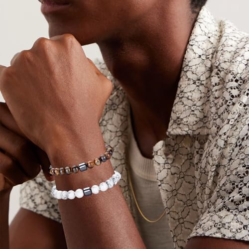 RANKEEF Tiger Eye Bracelet For Men 8MM Natural Stone Stretch Adjustable Black Crystal Beaded Bracelet for Men Women Gifts - color: 2,tiger eye,white bracelet