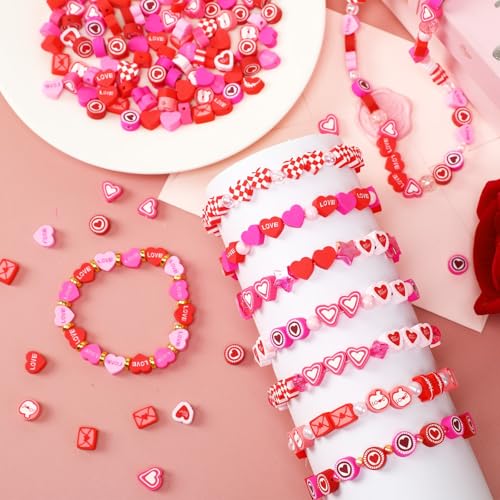 Valentine's Day Polymer Clay Beads, 300pcs Love Heart Mixed Heishi Spacer Clay Beads for Valentine's Day Jewelry Making DIY Bracelet Necklace Accessories Craft Party Supplies - color: Red Pink Yellow