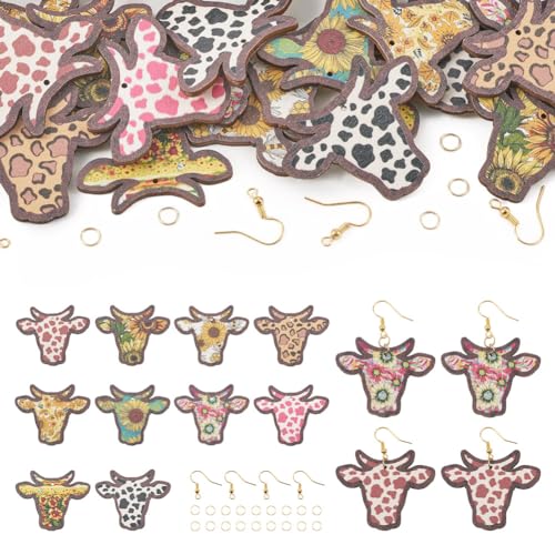 40pcs Wooden Cow Head Charms Western Style Flower Printed Ox Head Pendants & 50pcs Earring Hooks & 50pcs Jump Rings for Boho Earring DIY Jewelry Making - color: Cow Head
