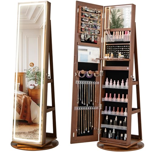 CHARMAID 360° Rotating Jewelry Armoire with LED Lighted Full Length Mirror & Built-in Vanity Mirror, Lockable Standing Jewelry Cabinet with Lights, Large Storage Organizer for Jewelry (Walnut) - color: Walnut, size: 63"H