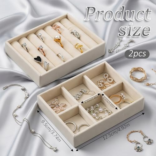 Velvet Jewelry Organizer Small Jewelry Tray Set Box Stackable Velvet Organizer Tray Drawer Inserts Ring Box Flat Stacking Trays Display Case for Earrings Rings Necklaces (Set 2,Beige)